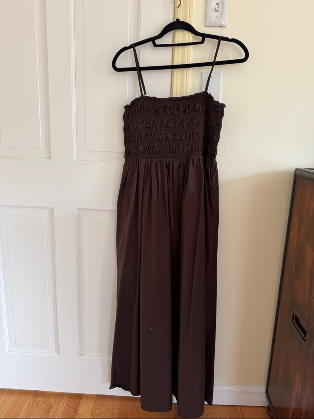 NWT Loft Poplin Smocked Cocoa Nib ruched spaghetti strap maxi dress pockets Sz L